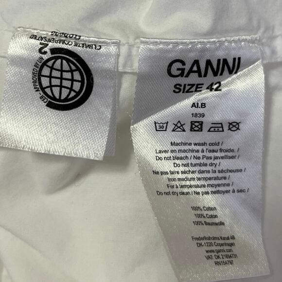 Ganni White Pintucked Ruffle Mock Neck Back Button Up Babydoll Blouse Top Size 8 - Picture 14 of 15